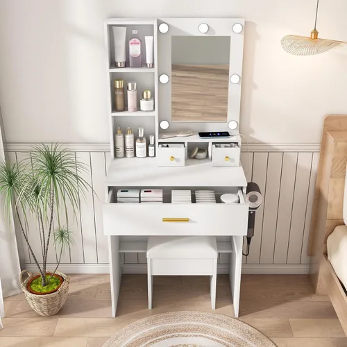 Miniatura 11 de Pequeño Tocador con Espejo y Luces, Mesa de Tocador de Maquillaje con Toma de Corriente y Cajones y Estantes y Taburete, Juego de Mesa de Tocador