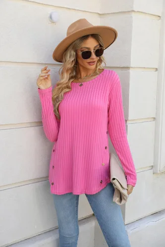 Miniatura 4 de Lafural Camisetas de manga larga para mujer, camisetas de otoño, suéteres de cuello redondo con botones