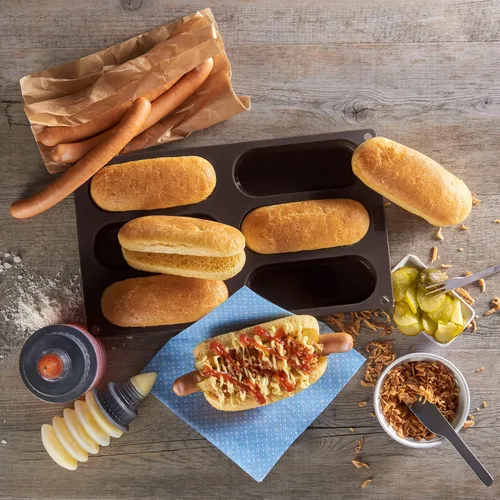 Miniatura 6 de LURCH Molde para bollos para perros calientes Molde de silicona antiadherente flexible para hornear Bandeja de pan, rollos, pasteles y Eclair