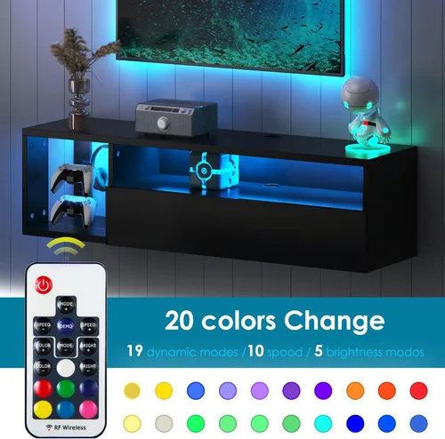 Miniatura 6 de DlandHome Soporte flotante para TV con luz LED, consola multimedia de 39.3 pulgadas, estante flotante para debajo del televisor con estante