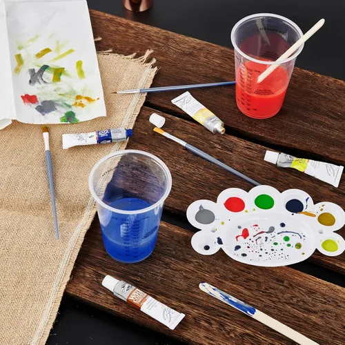 Miniatura 6 de Paquete de 200 vasos medidores de plástico, vasos desechables de 8 onzas con 100 varillas de mezcla de madera, se pueden utilizar para resina epoxi