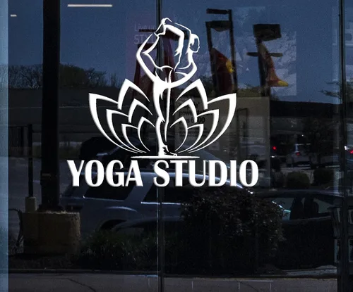 Letrero de ventana para negocios, vinilo para pared, diseño de yoga, logotipo, postura, flor de loto, calcomanías (2323igw) blanco, 22.5 x 25
