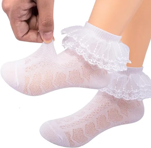 Miniatura 3 de Looching Calcetines con volantes de malla para bebé y niñas pequeñas, con ojales, de algodón, con volantes, 5 pares