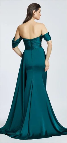 Miniatura 5 de Vestidos de fiesta con hombros descubiertos 2023 con cuentas de satén de sirena con abertura larga, vestidos de noche para mujer, vestidos de dama