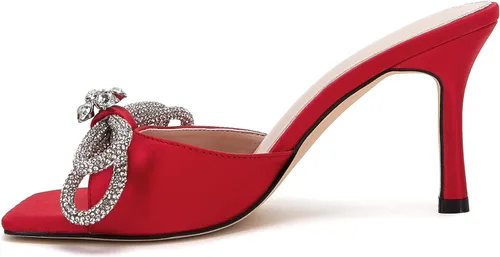 Miniatura 3 de VETASTE Women's Heeled Sandals Square Open Toe Double Bow Satin Mules Heels Wedding Party Slip on Stilettos