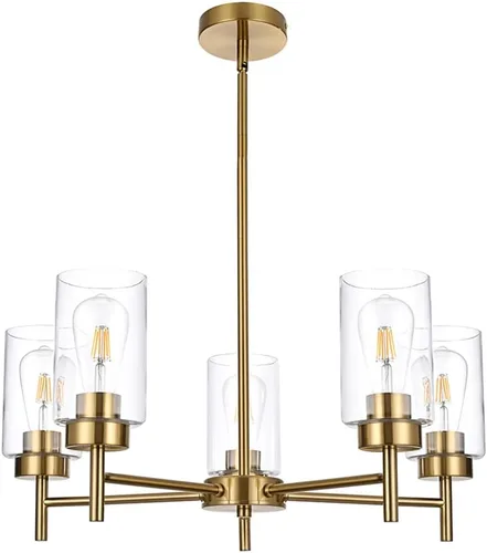Candelabro de granja de 5 luces para comedor, isla de cocina, modernos candelabros colgantes de latón cepillado con pantallas de vidrio transparente