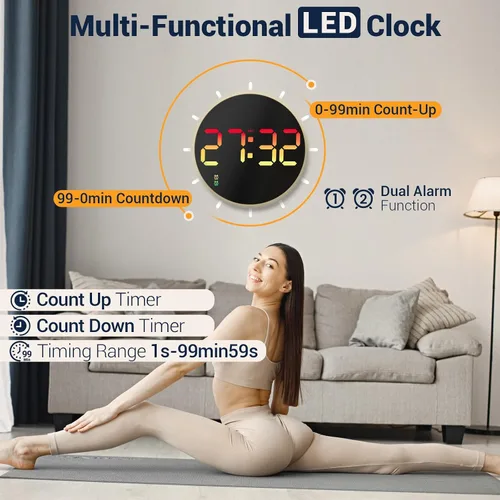 Miniatura 4 de Reloj de pared digital grande de 10 pulgadas: 13 RGB que cambia de color LED moderno reloj con control remoto, pantalla grande con atenuación