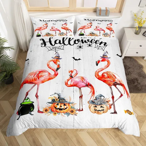 Manfei Juego de funda de edredón de Halloween, tamaño individual, funda de edredón de flamenco rosa con 1 funda de almohada, juego de ropa de cama