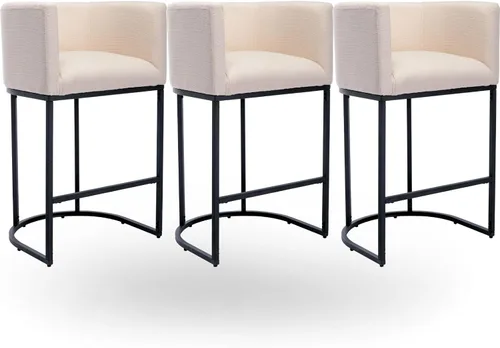 Miniatura 20 de Taburete de bar de lino de 32 pulgadas, taburete moderno de altura de barril con brazo, silla de mostrador tapizada, marco de metal negro para isla