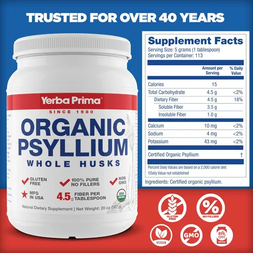 Miniatura 5 de Yerba Prima Fibra orgánica de cáscaras de psyllium entero, 20 onzas (paquete de 2), suplemento de fibra dietética natural diario, limpiador