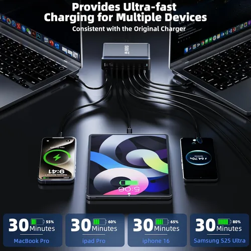 Miniatura 7 de 320W Carga Rápida Bloque de Cargador USB C de 8 Puertos, Estación de Carga USB Multi-Dispositivo Cargador de Pared de Escritorio con Tecnología GaN