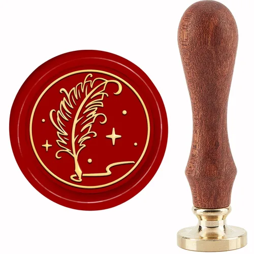 CRASPIRE Sello de cera con pluma de pluma, sello de cobre, 1.181 in, cabeza de sello de latón extraíble retro con mango de madera para sobres,