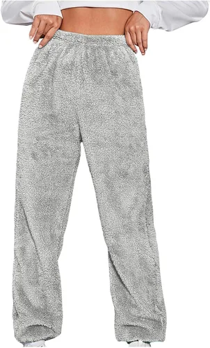 Pantalones deportivos de felpa peludos para mujer, pantalones deportivos de forro polar mullido, talla grande, color sólido, pantalones térmicos de