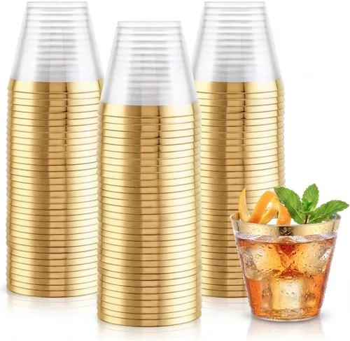 Hioasis 200 Piezas Vasos Transparentes de 9 OZ - Vasos Desechables de Plástico con Borde Dorado, Resistentes y Sin BPA para Fiestas, Bodas,
