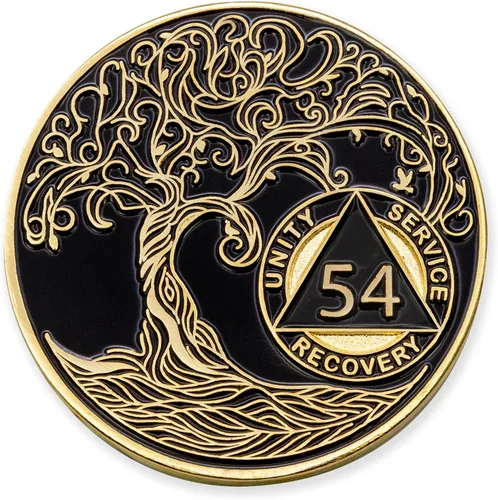 Miniatura 28 de 20 Year Sobriety Mint Twisted Tree of Life - Medallón de recuperación AA chapado en oro, fichas y fichas, color negro