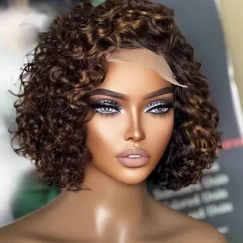 Miniatura 2 de Pelucas cortas de cabello humano rizado estilo Bob con reflejos, pelucas de encaje frontal HD de 13 x 4, pelucas de cabello brasileño con corte