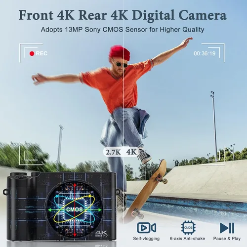 Miniatura 2 de Cámara digital 4K, cámara trasera y frontal de 64 MP para fotografía y video enfoque automático antivibración, cámara para vlogging selfie de 3 Negro