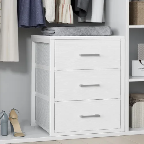 BOLUO Cajones de armario blancos de tela con 3 cajones, cómoda pequeña para organizadores de armario y almacenamiento de dormitorio, estilo moderno