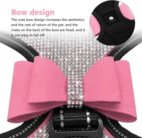 Miniatura 3 de Beirui Arnés para perro con diamantes de imitación, chaleco reflectante de nailon brillante con pajarita brillante para perros pequeños, medianos