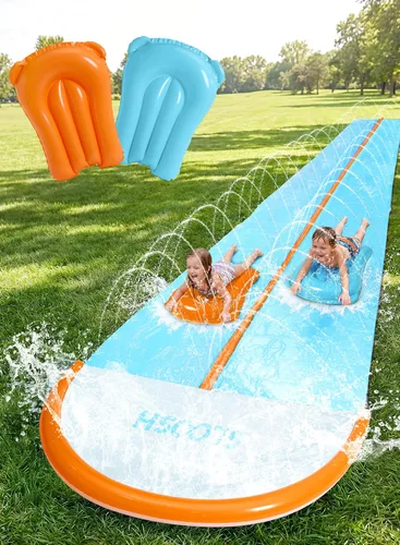 Sloosh Tobogán acuático de 32.5 pies con 2 tablas inflables, aspersor de agua de doble carril para niños, adultos, patio trasero, juguete de verano