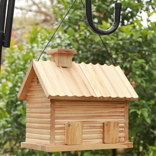 Miniatura 7 de STARSWR Casa de pájaros en el exterior, casas para pájaros al aire libre, cabaña de madera natural para pájaros, 2 agujeros, pinzón azul