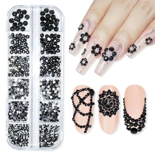 Makartt, Juego de 1110 diamantes de imitación, negro, redondo, multicolor, vidrio o cristal, para manualidades, accesorios de decoración de uñas,