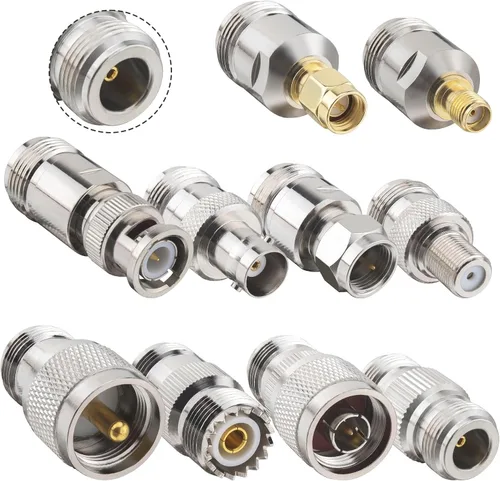 Miniatura 6 de Kit adaptador tipo N de 10 piezas, kit adaptador RF de 50 ohmios, N hembra a F/BNC/SMA/UHF/N macho y hembra coaxial para radioaficionado, escáner