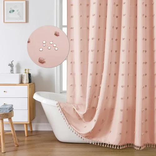 Miniatura 8 de LilyCat Cortina de Ducha de Tela Beige Estilo Boho Granja, 72x72 pulgadas Plisados Acolchados Florales Abullonados con Textura de Borlas, Cortina
