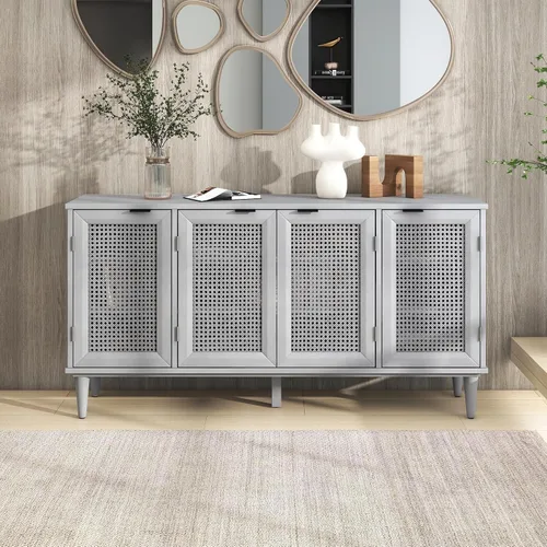 Miniatura 15 de KLMM Armario de almacenamiento moderno con puerta de ratán y estantes ajustables, soporte de TV para televisores de hasta 55 pulgadas, mesa consola