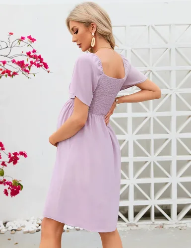 Miniatura 3 de KOJOOIN Vestido de maternidad de verano para mujer, lazo en la espalda, cuello cuadrado, manga abombada, hombros descubiertos, vestido de baby shower