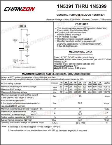 Miniatura 2 de Paquete de 100 piezas Chanzon 1N5399 Rectificador Diodo 1.5A 1000V DO-15 (DO-204AC) Axial 5399 IN5399 1.5 Amp 1000 Voltios Diodos de Silicio