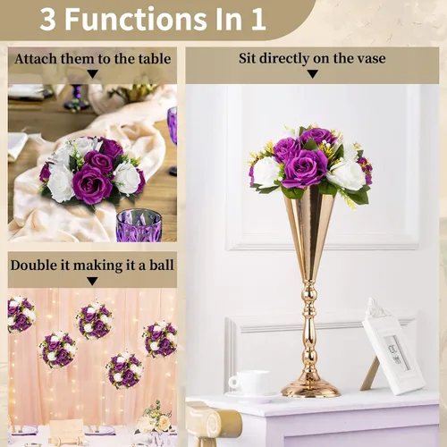 Miniatura 5 de NUPTIO Centros de mesa de flores para mesas de boda: 10 piezas de arreglo de bolas de flores artificiales moradas y blancas para fiesta de Navidad
