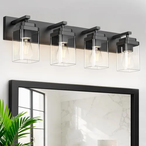 Miniatura 16 de Lámparas de baño de oro cepillado, 4 luces de baño sobre el espejo, diseño cuadrado y placa trasera grande rectangular, accesorios de iluminación