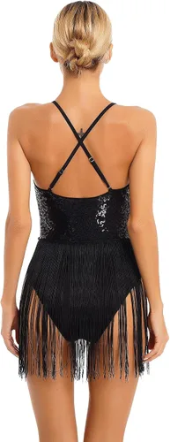 Miniatura 4 de Xnihocha Body de mujer con tirantes delgados y lentejuelas brillantes y flecos, para bailarín latino de jazz, ballet, bailarina latina