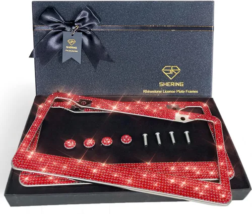 Miniatura 3 de Shering Marco de matrícula brillante, paquete de 2 marcos de matrícula con caja de regalo de primera calidad para mujeres, marcos de matrícula