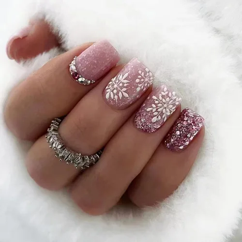 Miniatura 9 de Uñas postizas a presión con copos de nieve, uñas postizas cuadradas cortas de Navidad, uñas acrílicas negras con purpurina, kit de uñas postizas