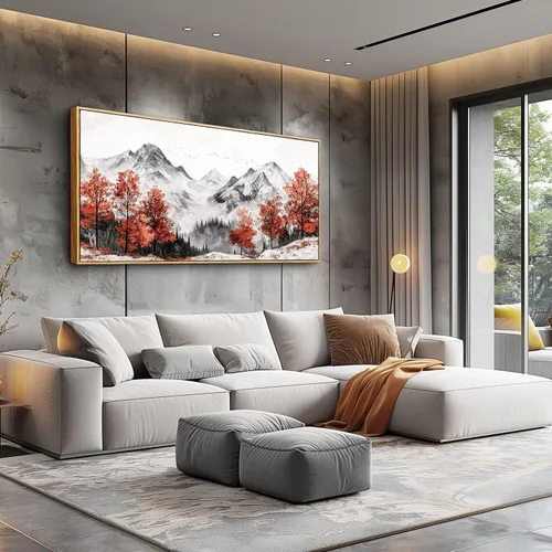 Miniatura 3 de PHAOHUAXM Lienzo decorativo de pared para sala de estar, decoración de pared grande para dormitorio, árbol rojo, tinta, paisaje de montaña, pintura