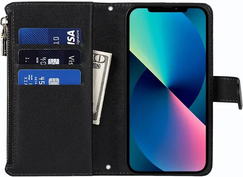 Miniatura 6 de Funda Cartera para iPhone 13/14 con Tarjetero, Funda Cruzada con Correa para el Hombro, Bolsillo con Cremallera Cartera de Cuero PU para iPhone 13