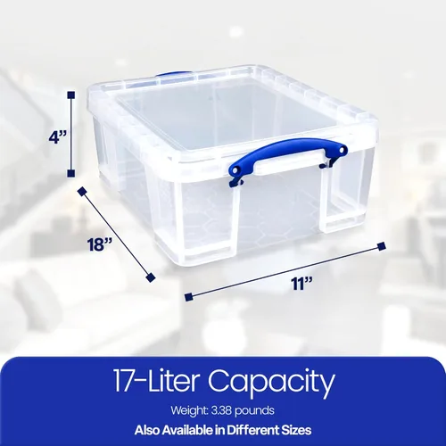 Miniatura 3 de Really Useful Box - 10 unidades de contenedores de plástico para almacenamiento de 17 L, con tapas de cierre rápido y candado de clip, transparentes
