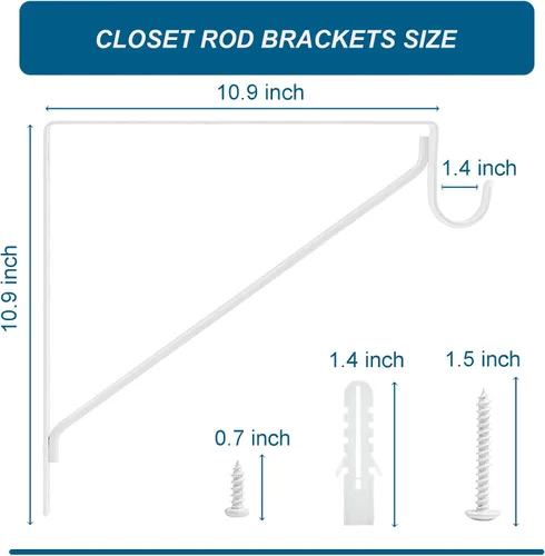 Miniatura 2 de Paquete de 2 soportes blancos resistentes para barra de armario, soportes de soporte de armario de 10.9 x 12.3 x 1 pulgadas, capacidad