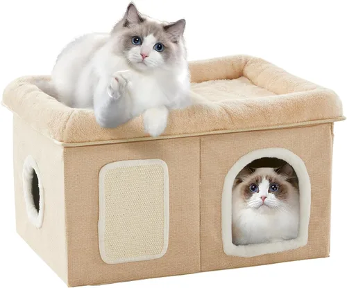 WINDRACING Camas para gatos de interior - Casa extra amplia para mascotas y cama plegable para gatos con almohadilla para arañar, escondite para