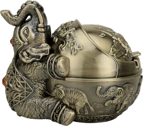 LAUYOO Cenicero decorativo vintage resistente al viento con tapa para cigarrillos, cenicero portátil de metal, para interiores y exteriores, tallado