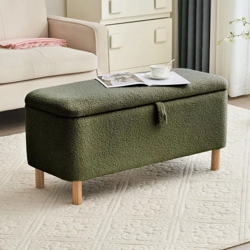 Miniatura 2 de Banco otomano de almacenamiento Boucle para dormitorio al pie de la cama, asiento tapizado en sherpa con almacenamiento para zapatos para entrada