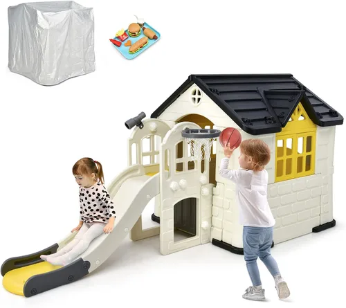 Miniatura 9 de Costzon Juego de casa de juegos y tobogán para niños, casa de juegos 7 en 1 al aire libre con puertas y ventanas de trabajo, mesa de picnic, juego