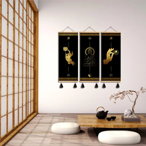 Miniatura 3 de MBOUFOEY 3 piezas de budismo Zen Art Buddha gestos de mano en lienzo dorado y negro lienzo para pared, póster de madera con marco de desplazamiento