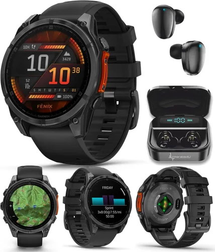 Miniatura 36 de Garmin Fenix 8 – 2 pulgadas, reloj inteligente multideporte GPS AMOLED, zafiro, titanio con banda de silicona naranja brillante/grafito, linterna