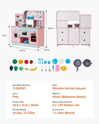 Miniatura 7 de VEVOR Cocina de Juguete de Madera, Cocina de Juego para Niños con Luces y Sonidos, Cocina Infantil con Máquina de Hielo, Horno, Fregadero, Rosa