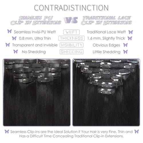 Miniatura 3 de Lacer Hair Glam - Extensiones de cabello humano con clip, sin costuras, color negro hueso, 4.33 oz, 7 unidades, 20 pulgadas, con clip de trama
