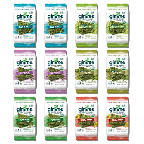 Miniatura 13 de Gimme Algas Marinas Orgánicas Premium Tostadas, Sal Marina, 20 Unidades, Keto, Vegano, Sin Gluten, Gran Fuente de Omega3 y Yodo, Aperitivo Saludable