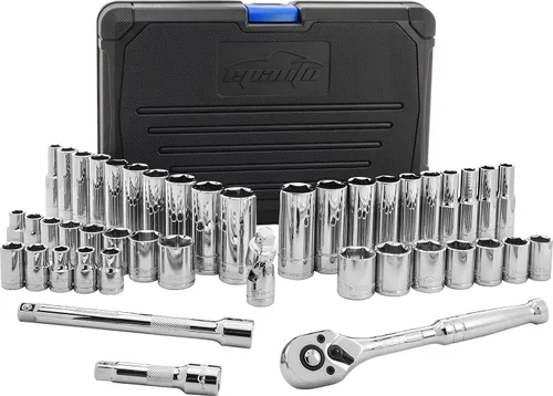 Miniatura 6 de EPAuto Juego de 45 piezas de llaves de vaso de 3/8" con trinquete de cabeza de pera de 72 dientes